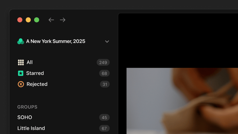 Our sidebar in Aphera, showing the new culling buckets, All, Starred, and Rejected