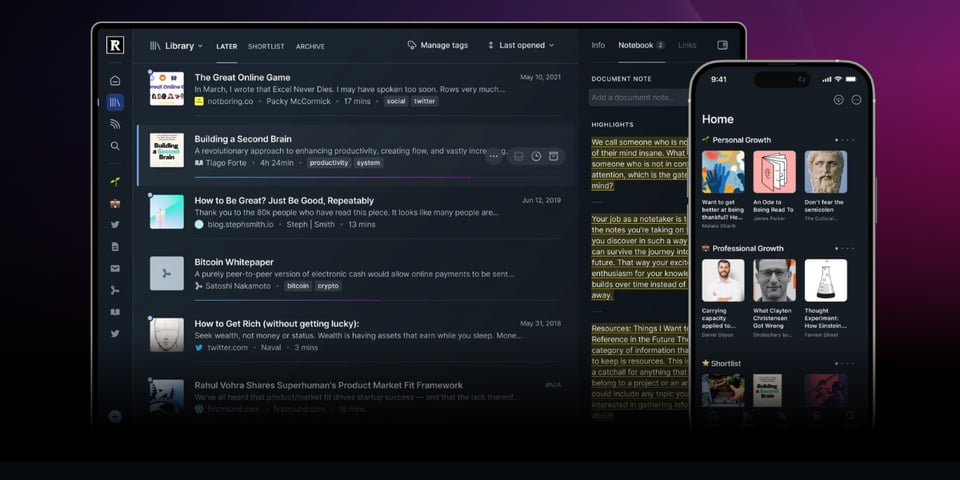 The UI of Readwise Reader.