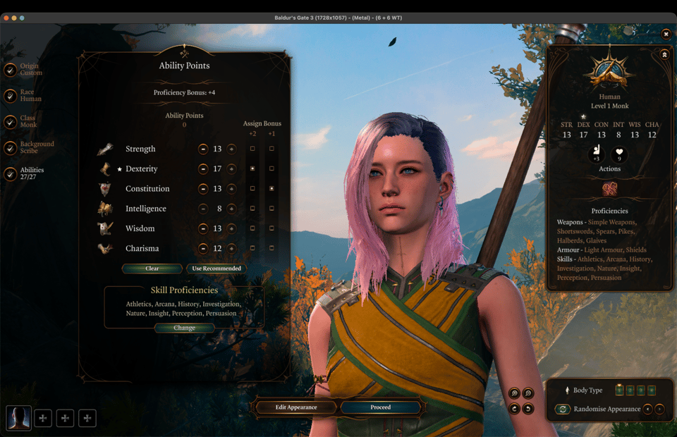 Overview of a pink haired pale skinned human girl monk in Baldur's Gate 3 character creation screen