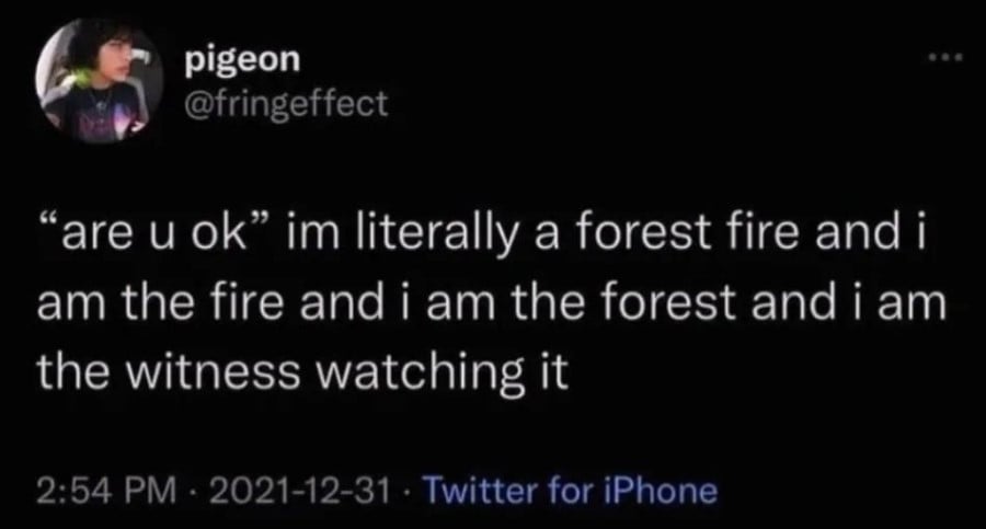 @fringeffect: "are you ok" im literally a forest fire and i am the fire and i am the forest and i am the witness watching it