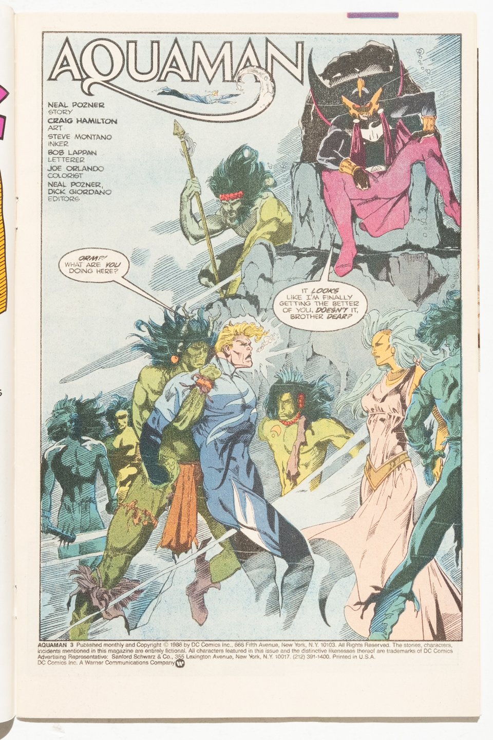 a page from "Aquaman" by Craig Hamilton. Ocean Master has captured Aquaman and is looking down on him from a rocky throne underwater