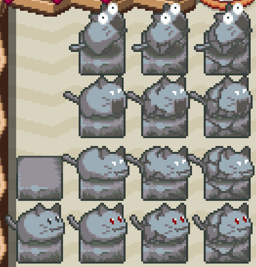 A pixel art statue of my game's wind-up cat enemy, in various poses and various states of being cracked and damaged