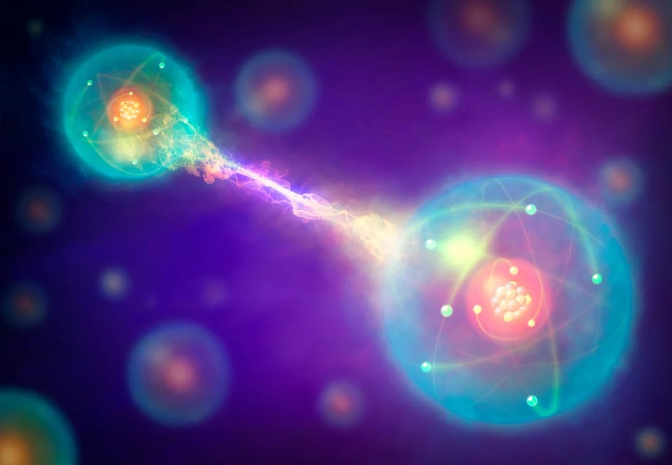 Two red atoms with whizzing blue electrons around them are linked by crackling energy lines.