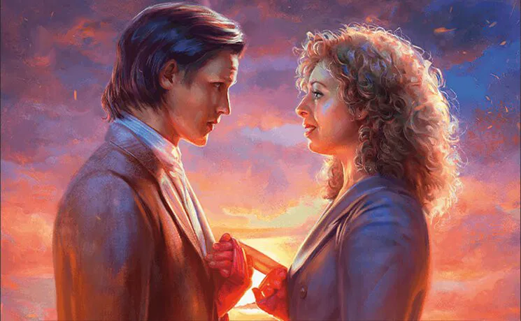 The Magic the Gathering card of the Wedding of River Song, showing a sunset with the Eleventh Doctor and River Song binding their hands together with a cloth. The Doctor is wearing a nifty white scarf or cravat. Art by Mandy Jurgens