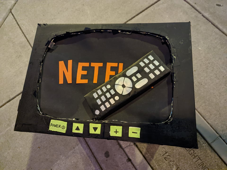 A TV set made of cardboard with the netflix logo on the screen. I think it was meant to go over someone's head. On top is a remote control, also made of cardboard.