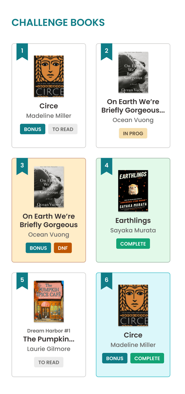 A redesigned Challenge Books page showing six numbered book cards in a grid, each with a cover, title, author and status labels such as to read, in progress, complete, DNF and bonus.
