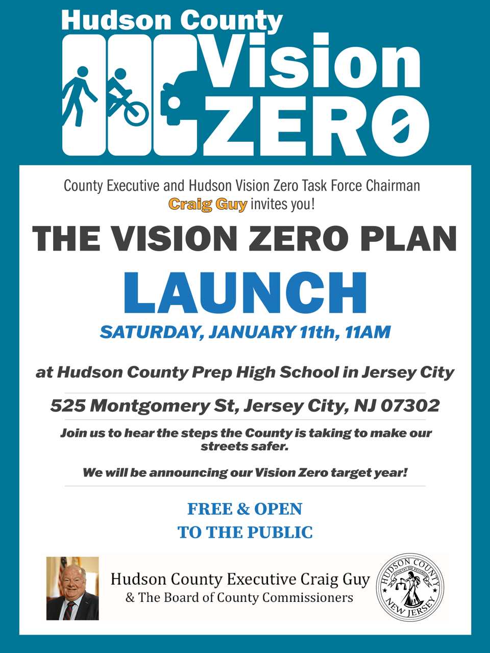 english poster for vision zero plan launch on saturday january 11