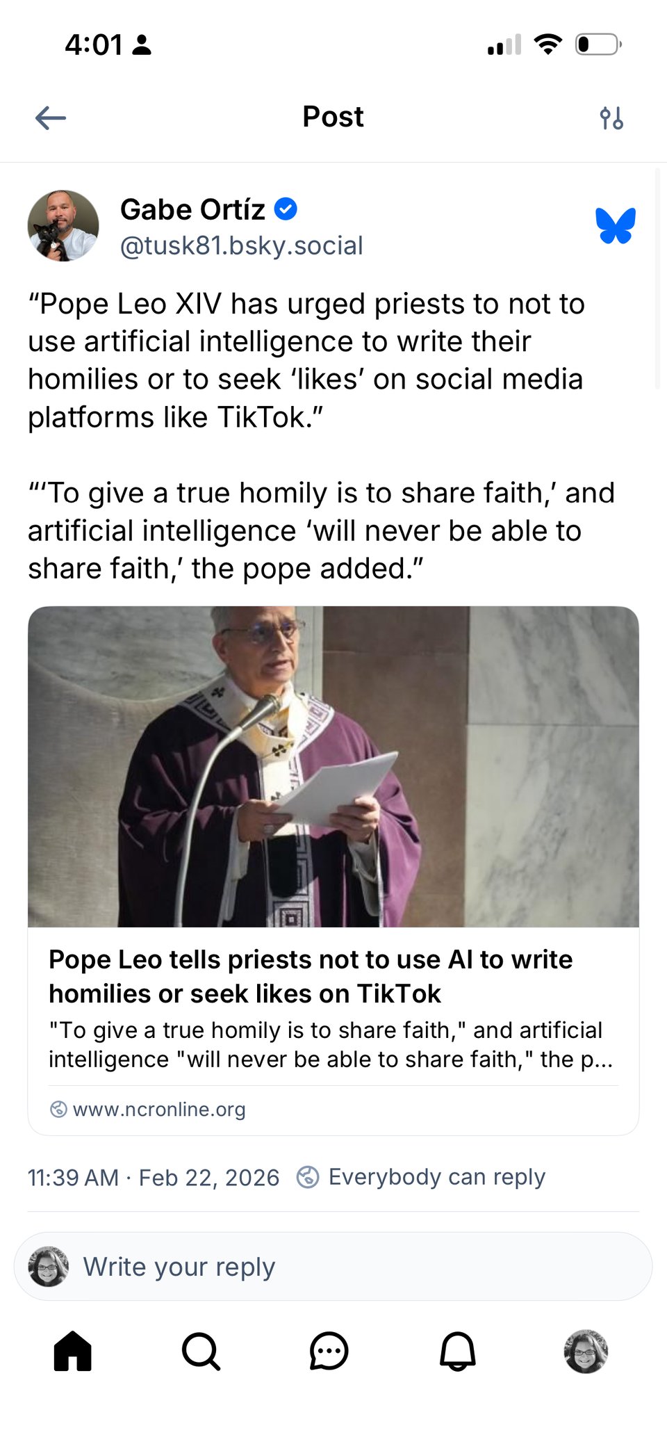 An image of Pope Leo encouraging priests not to use Ai.