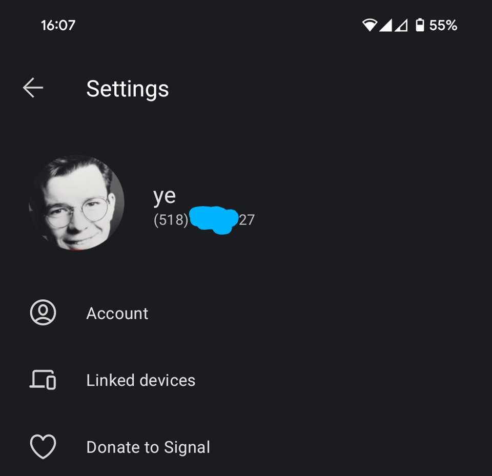 Signal screenshot showing that I'm registered on (518)-XXX-XX27