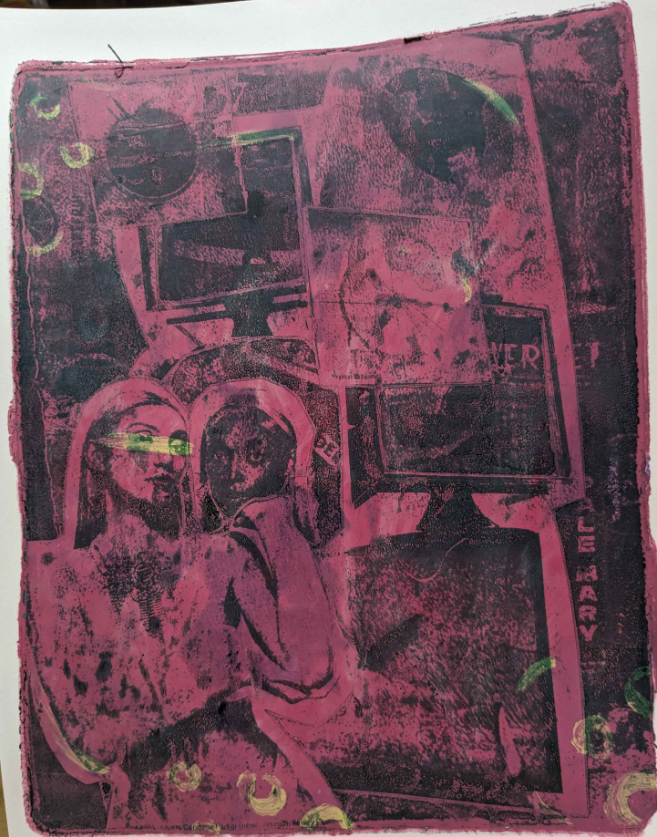 Dark red and black colours with yellow highlights define this art piece. Two women look towards the viewer; geometric objects with commercial origins form the backdrop.