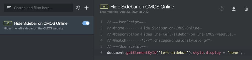 Script to hide sidebar on CMOS website, showing code and enabled toggle switch.