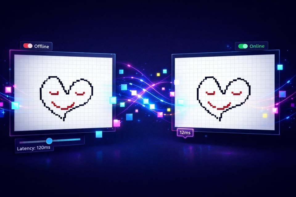 “An Interactive Intro to CRDTs”: two side-by-side digital canvases show a pixel-art heart with a smiling face. One canvas is marked “Offline” with higher latency, the other “Online.” Colorful glowing squares and data trails flow between the two boards, visually representing updates syncing and eventually converging between distributed replicas.