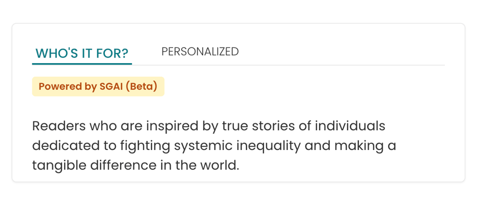 A "Who's It For?" section on a StoryGraph book page, showing a yellow "Powered by SGAI (Beta)" badge above a short description of the kind of reader the book suits.