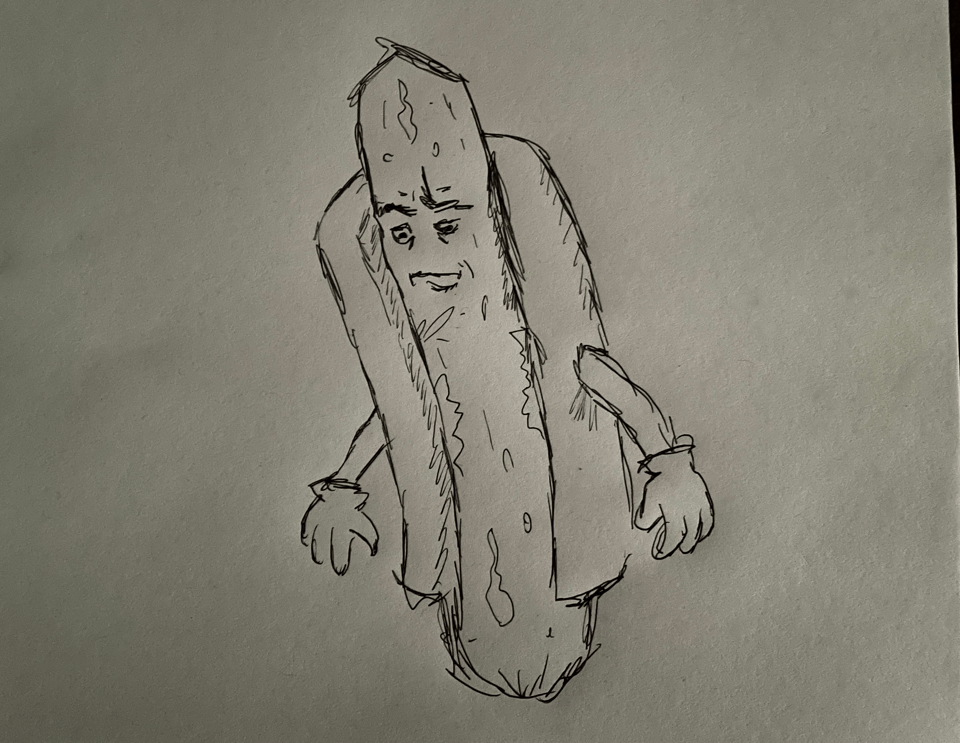 A rough sketch of a large hot dog in a bun with a thoughtful expression