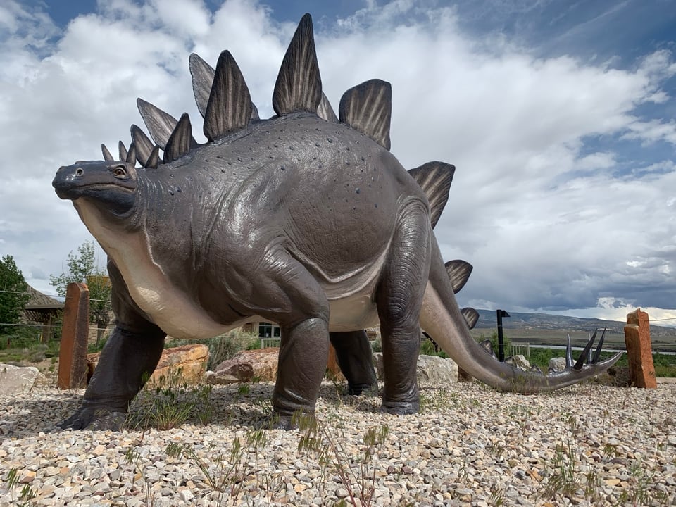A model of a Stegosaurus standing outside the visitor center at Dinosaur National Monument, Utah. It is a deep brown color with tan underneath.