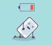 anthropomorphic phone character falls over with low battery
