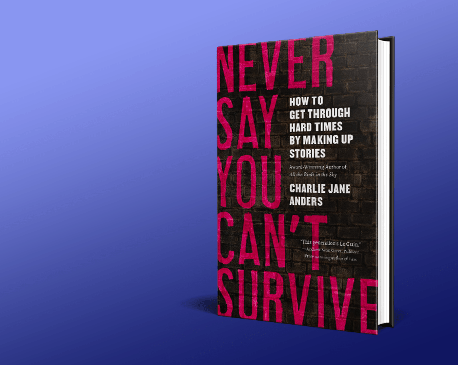 The cover of Never Say You Can't Survive, with pink writing on a gray brick background. The book is sitting on a blue background.