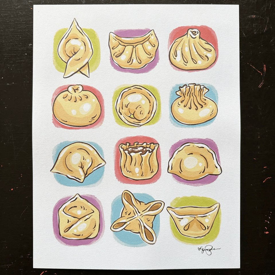 an art print showing 12 different illustrated dumpling shapes