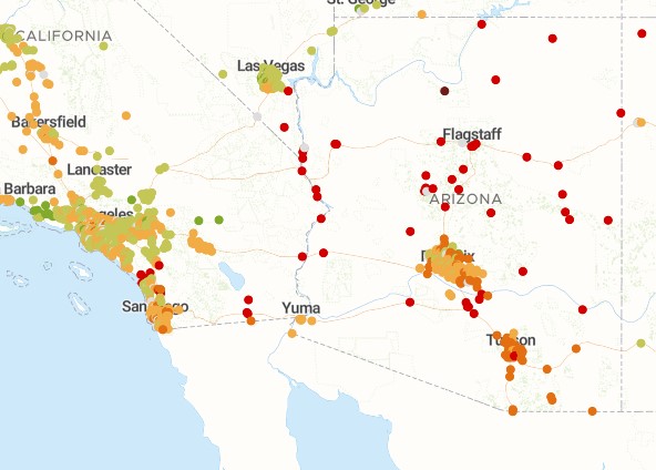 A closeup of Arizona and southern california, showing red dots sparsely distributed all across the state, and yellow dots around Phoenix