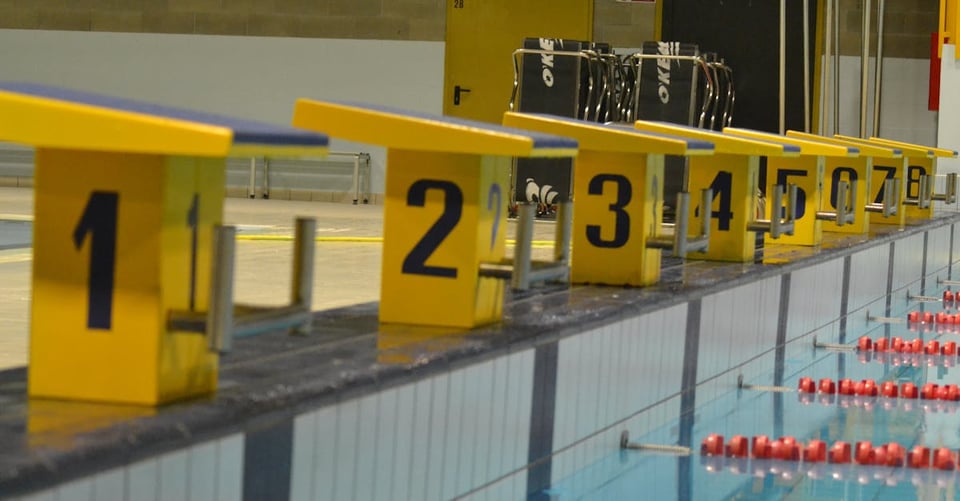 Die acht Startsockel an einem olympischen Schwimmbecken.