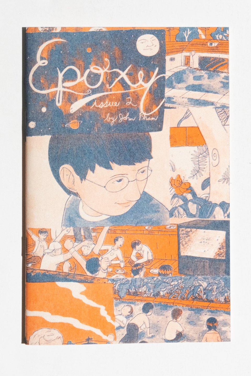The cover of Epoxy 2 by John Pham. It is the risograph edition printed in orange and blue