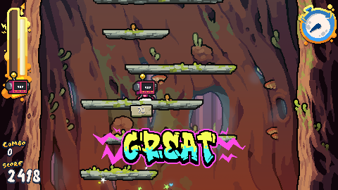 Screenshot from Icy Tower. Non-binary Bob standing in the tree trunk-theme.