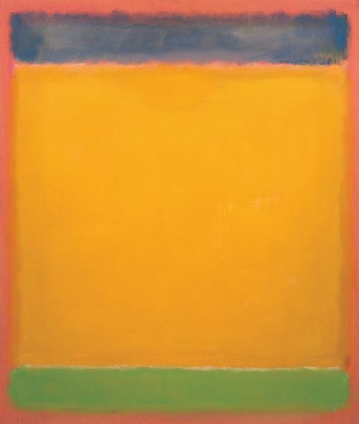 An image of a painting, it portrait style and is mostly pale orange in the center, with a darker burnt orange around the edge, a green stripe at the bottom and a blue stripe at the top. All the stripes and edges are very fuzzy as if the painting were slightly out of focus
