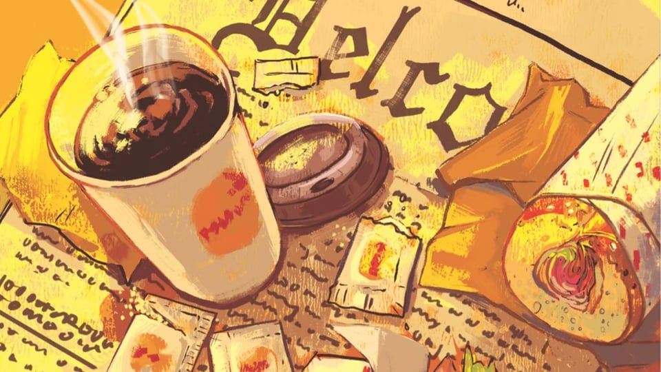 Made in Delco Art. A steaming cup of coffee lies next to open sugar packets and a breakfast burrito