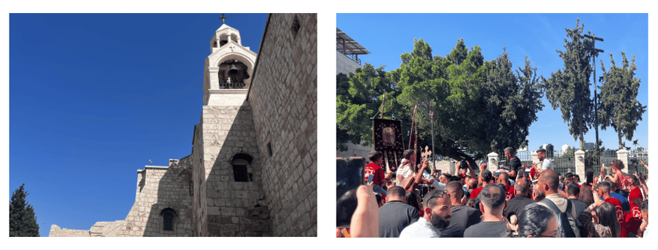 First photo:  a church building of sand-colored stone and steeple against a deep blue sky. Second photo:  a crowd gathered with crosses in front of trees 