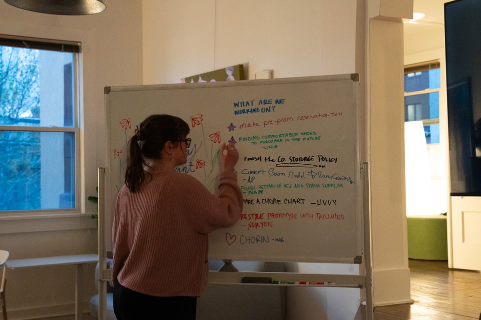 Lizzie filling in a start on the Worknight whiteboard.