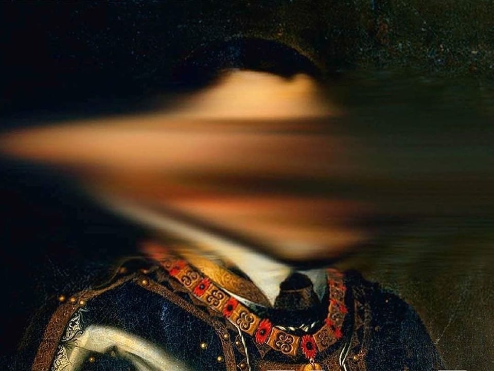 A portrait of a man in colonial Spanish clothing, with his face blurred