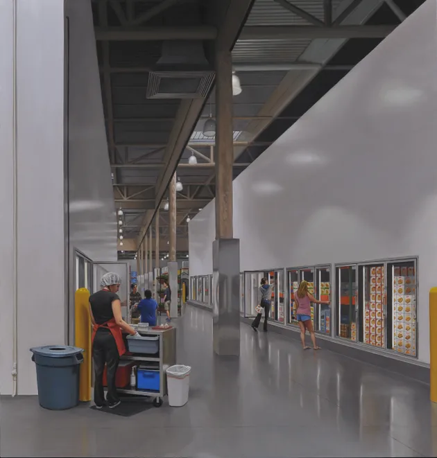 A painting from behind a person offering samples at Costco near the frozen foods aisle.
6333 Commerce Road, oil on polyester over panel by Marc Trujillo, a phenomenal painter who has looked more closely at Costco than anyone