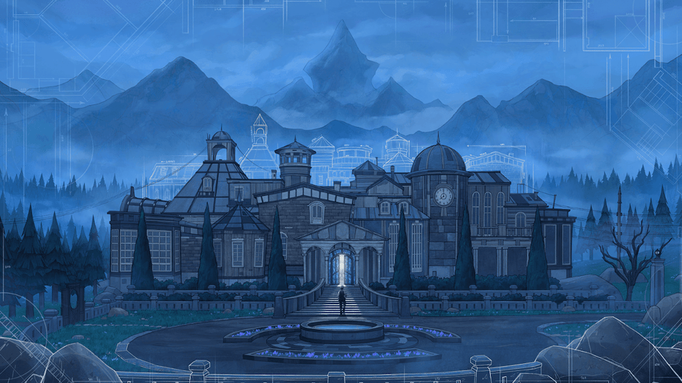 Artistic image of Blue Prince. The protagonist is entering the mansion. It looks like a blueprint.