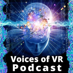 Cover art for the "Voices of VR Podcast" featuring a glowing blue human head with eyes closed, surrounded by a digital network and bursts of light and energy emanating from the brain. The background includes binary code and abstract data visuals. The title "Voices of VR Podcast" is prominently displayed in bold white text at the bottom.