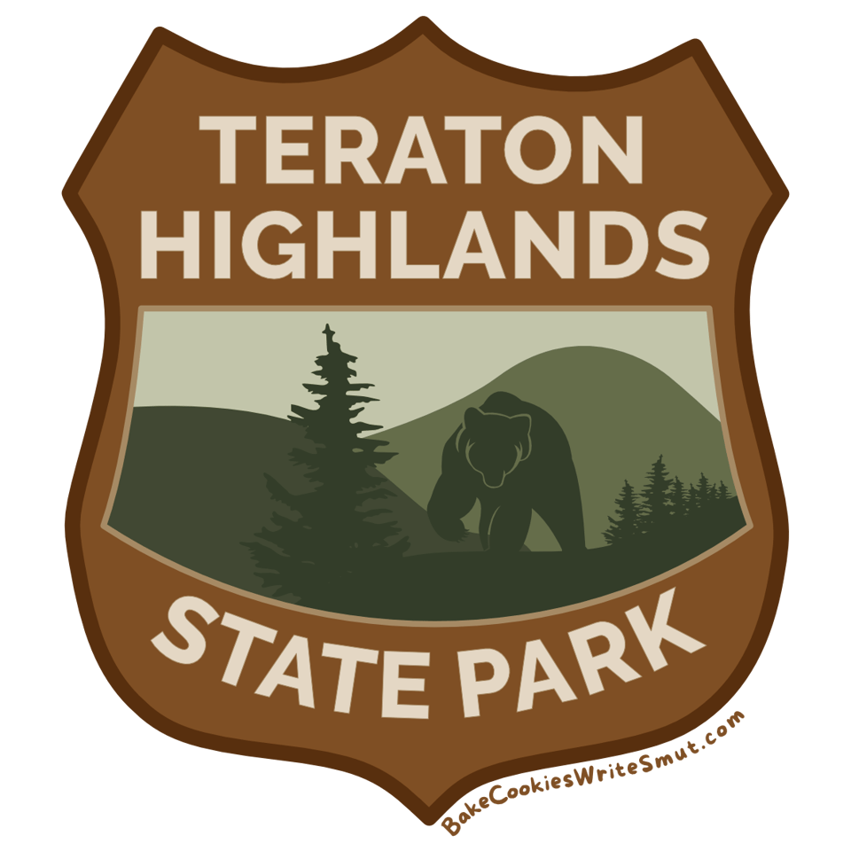 A shield-shaped design that resembles common state park logos. There's a silhouette of a bear in front of mountains, and the text: Teraton Highlands State Park