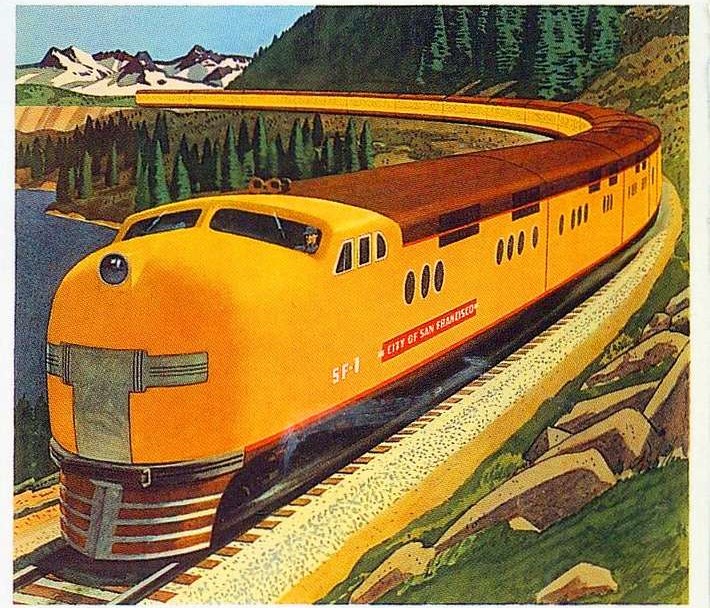 An old fashioned illustration of an old train winding through the mountains
