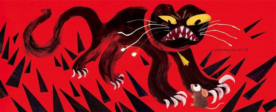 Image from the book, "They All Saw the Cat." A 2-page spread depicting a mouse cowering in front of demonic looking cat, with black spikes and red background signaling fear and panic.