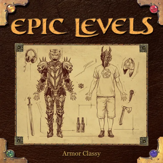 CD cover of EPIC LEVELS depicting a ancient book cover with gems and sketches