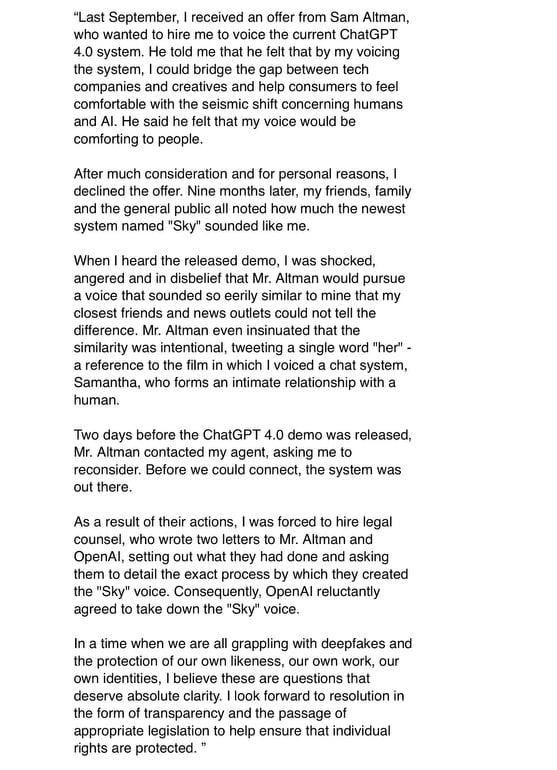 Scarlett Johansson on licensing her voice to OpenAI