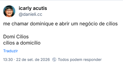 Post de icarly acutis (@danieli.cc): me chamar dominique e abrir um negócio de cílios
Domi Cílios
cílios a domicílio