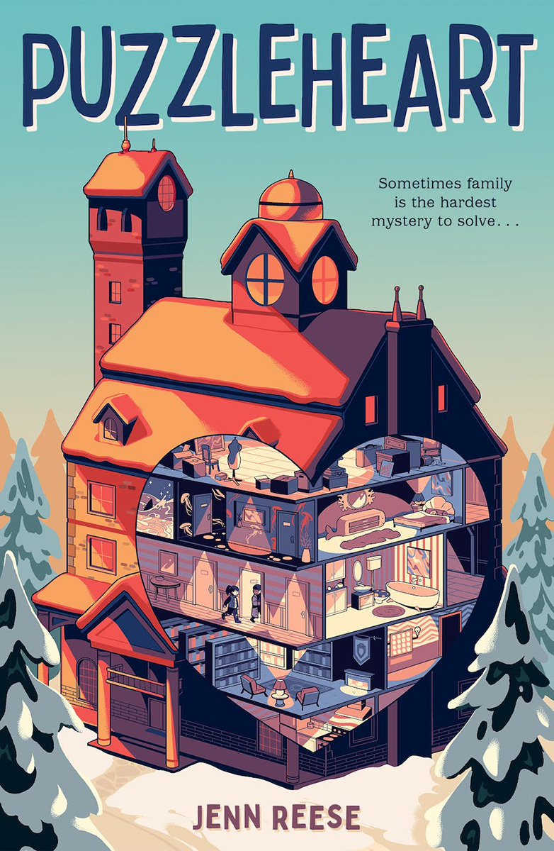 The cover of Puzzleheart by Jenn Reese. A large golden-hued house sits among snowy pine tries. We see a heart-shaped slice inside the house, where two kids traverse one of the many hallways. On the floors above them, there are strange rooms with ocean themes, an attic, and more.