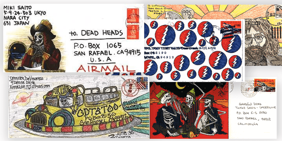 A collection of mail envelopes with art drawn on them by Grateful Dead fans.