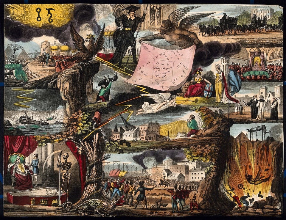 Various illustrations of end times are merged into one whole. Floods, death, earthquakes, war, falling into hell, mystical writing, and more. There are angels heralding the news, clerical figures, and the masses..