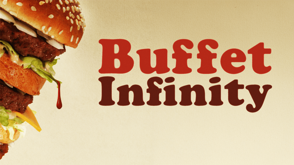 A sauce-dripping double-patty burger leans in from the left as the title text reads Buffet Infinity.