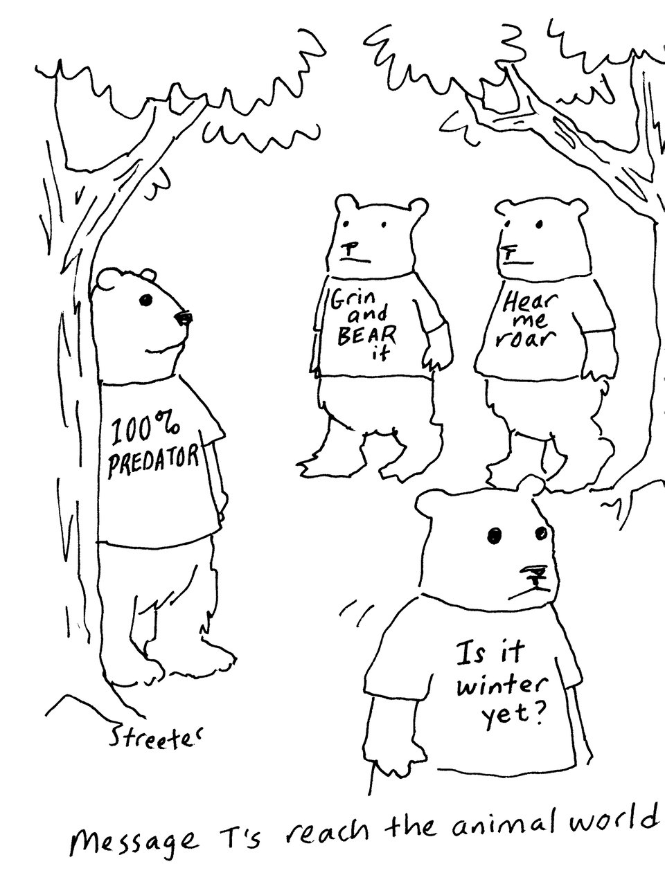 Cartoon of bears wearing ironic message tshirts