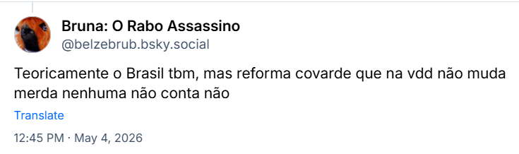 Post de Bruna: O Rabo Assassino (@belzebrub.bsky.social): Teoricamente o Brasil tbm, mas reforma covarde que na vdd não muda merda nenhuma não conta não