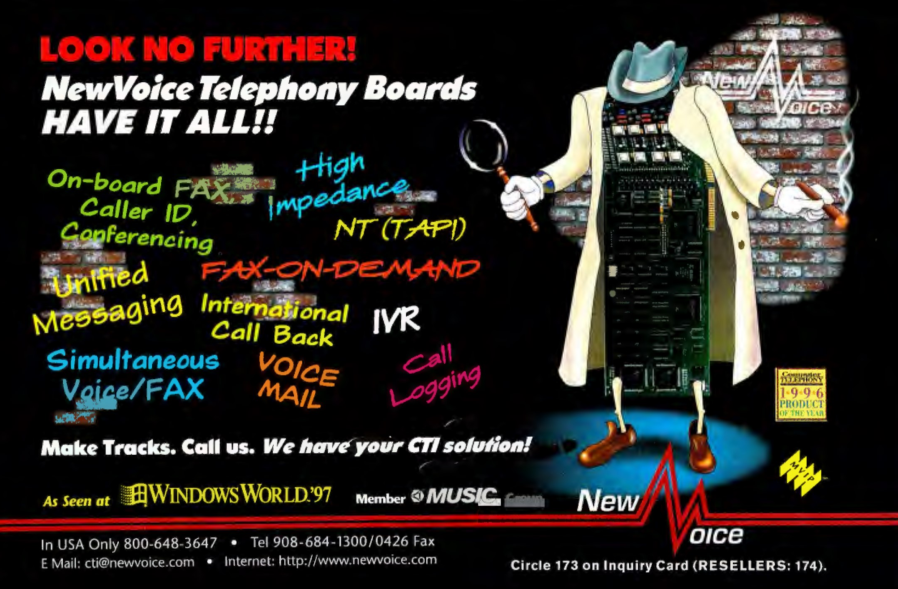 An image of a computer telephony board, wearing a trenchcoat and holding a cigar. The headline says "Look no further!" and then lists all the features of the telephony board.