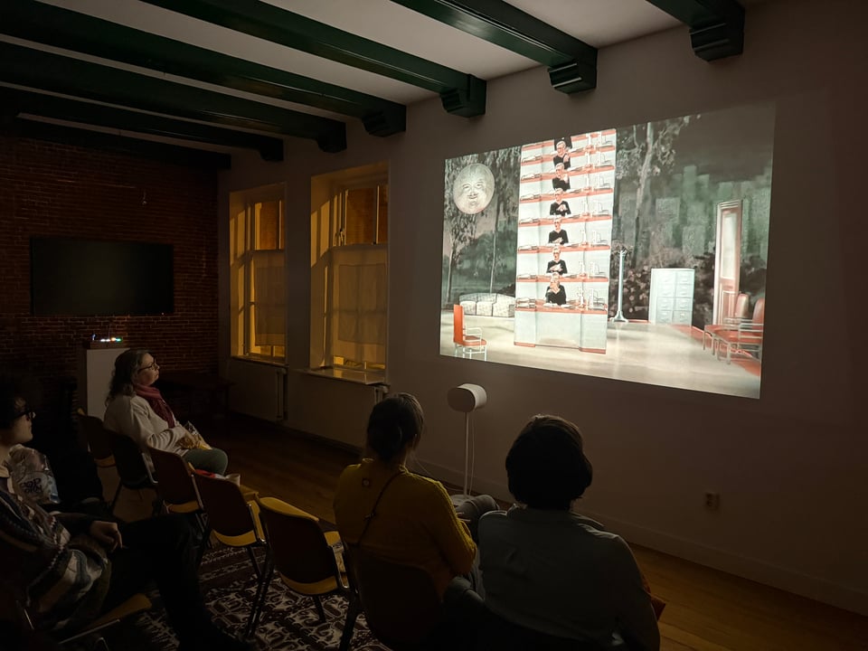 A small gathering of people watch a projection of a Public Domain movie remix.