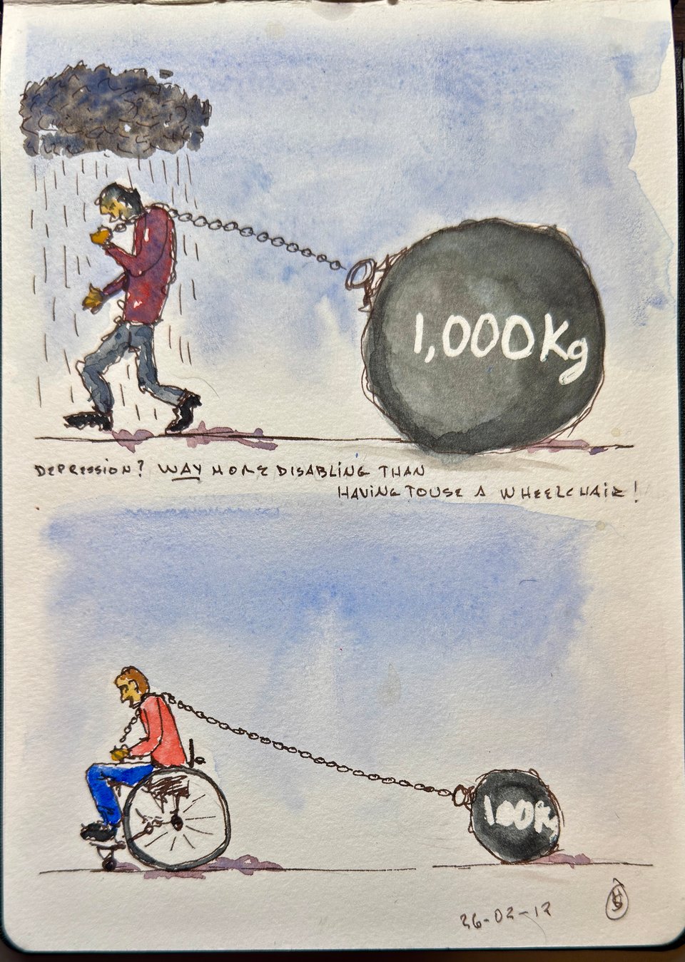Line and wash sketch in two panels. The top panel shows a person walking under a cloud with rain that only is above them, pulling a 1,000 Kg weight. The bottom panel shows someone in a wheelchair pulling a 100 Kg weight.