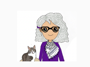 A cartoon drawing of a woman with gray hair, glasses, a purple shirt, and a keffiyeh, with a gray and white cat